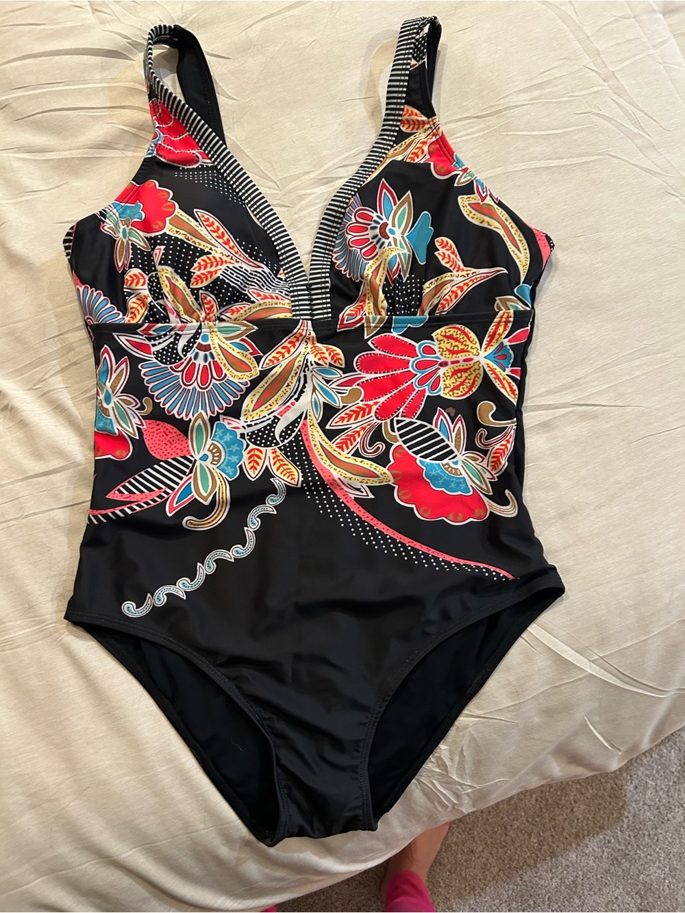 VENUS Black One-Piece Swimsuit with Red, Teal & Gold Floral Print
